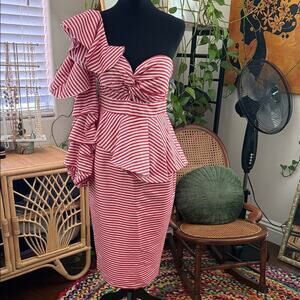 Asilio Epoch Red & White Stripe One Shoulder Ruffle Wiggle Midi Dress